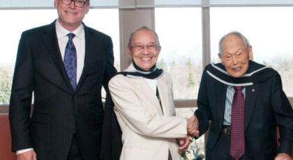 DEAN HELSLEY, UBC PRESENTS HONORARY DEGREES  TO AKIRA NAMBA AND FRED SASAKI